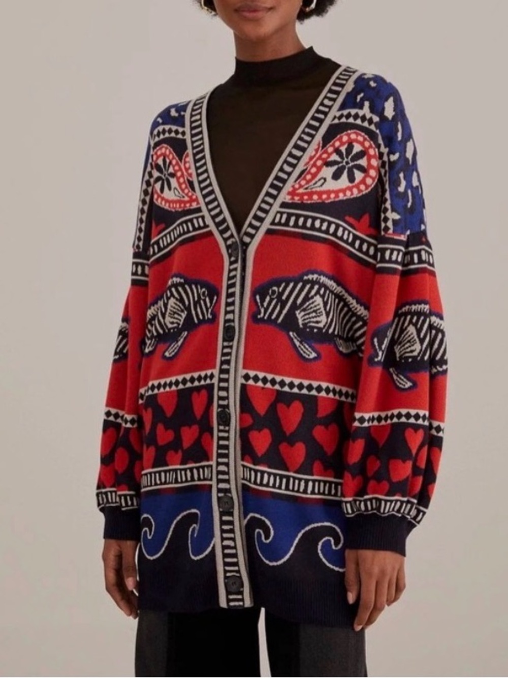Farm Rio Oversized Fish mixed print knit buttoned cardigan size M